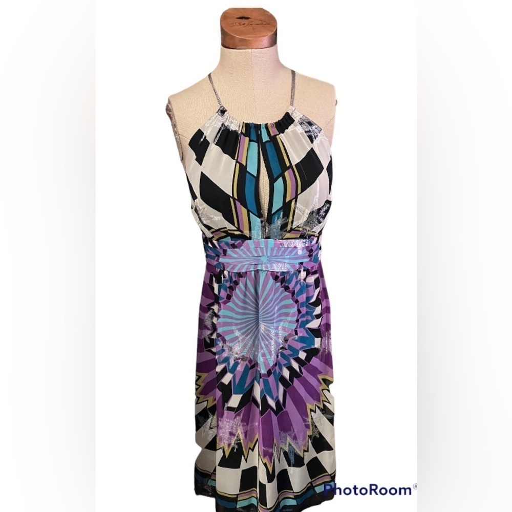 Nicole Miller City Dress Halter Sleeveless  Purple Silver 8 Cutaway Knee Length